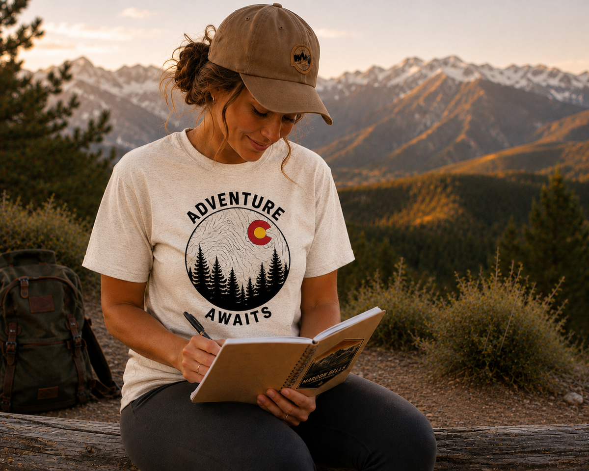 Woman wearing Adventure Awaits Colorado T-Shirt journaling on a mountain overlook