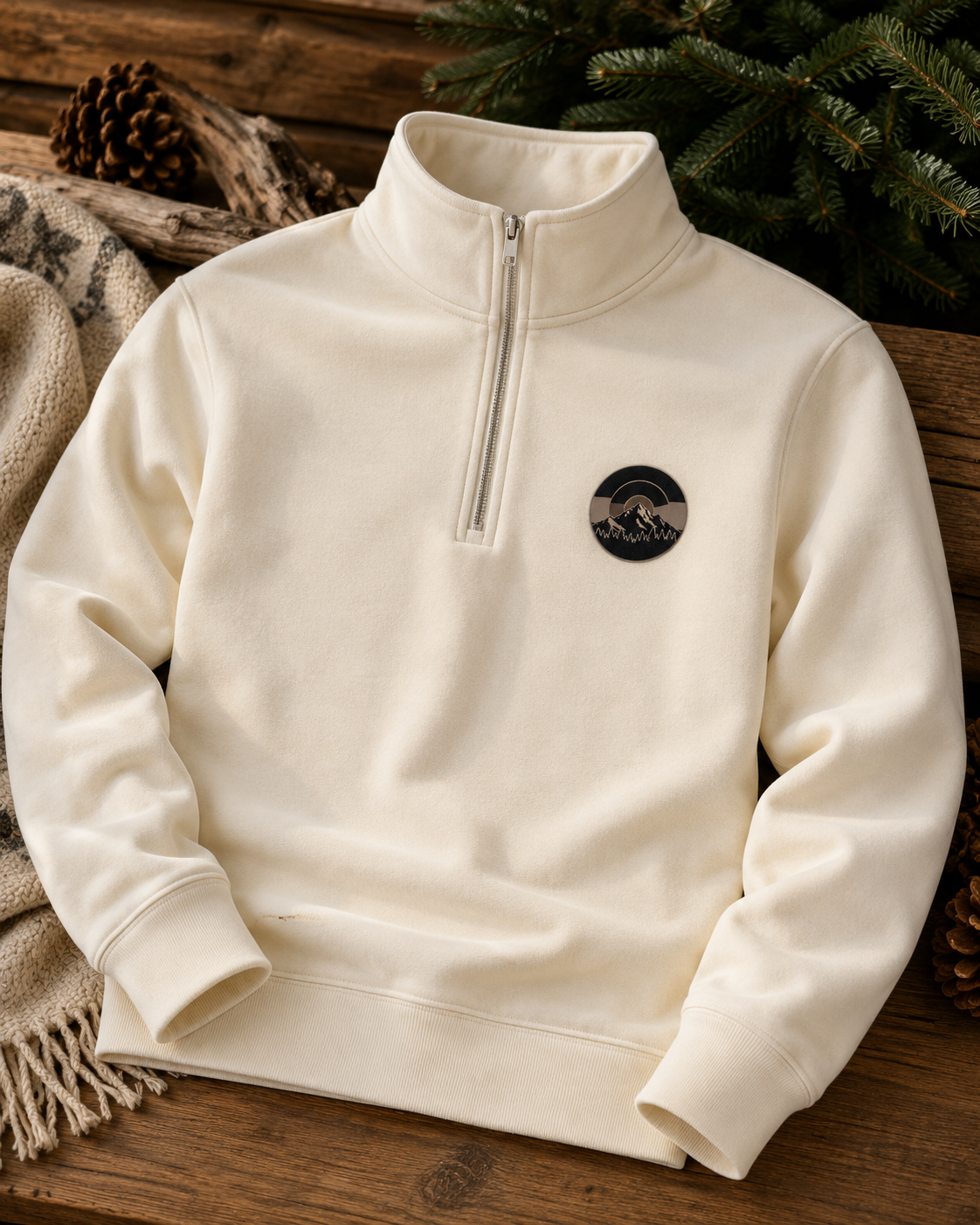 Colorado Mountain Quarter-Zip Pullover flat lay in bone with leather mountain patch detail