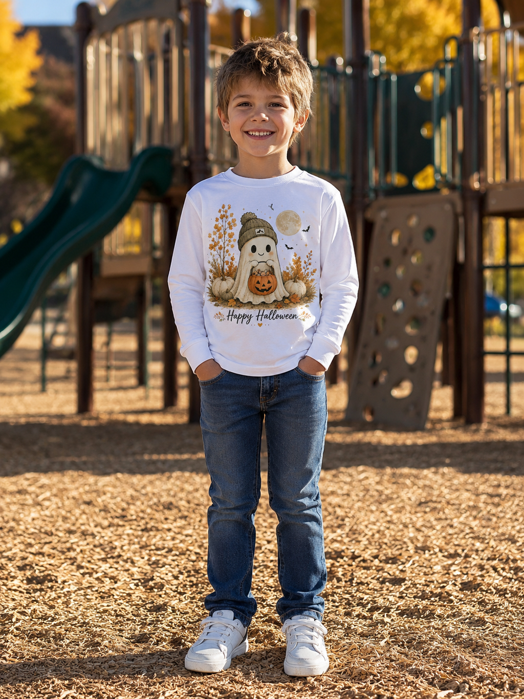 Boy wearing Happy Halloween Ghost long sleeve tee at a Colorado fall playground