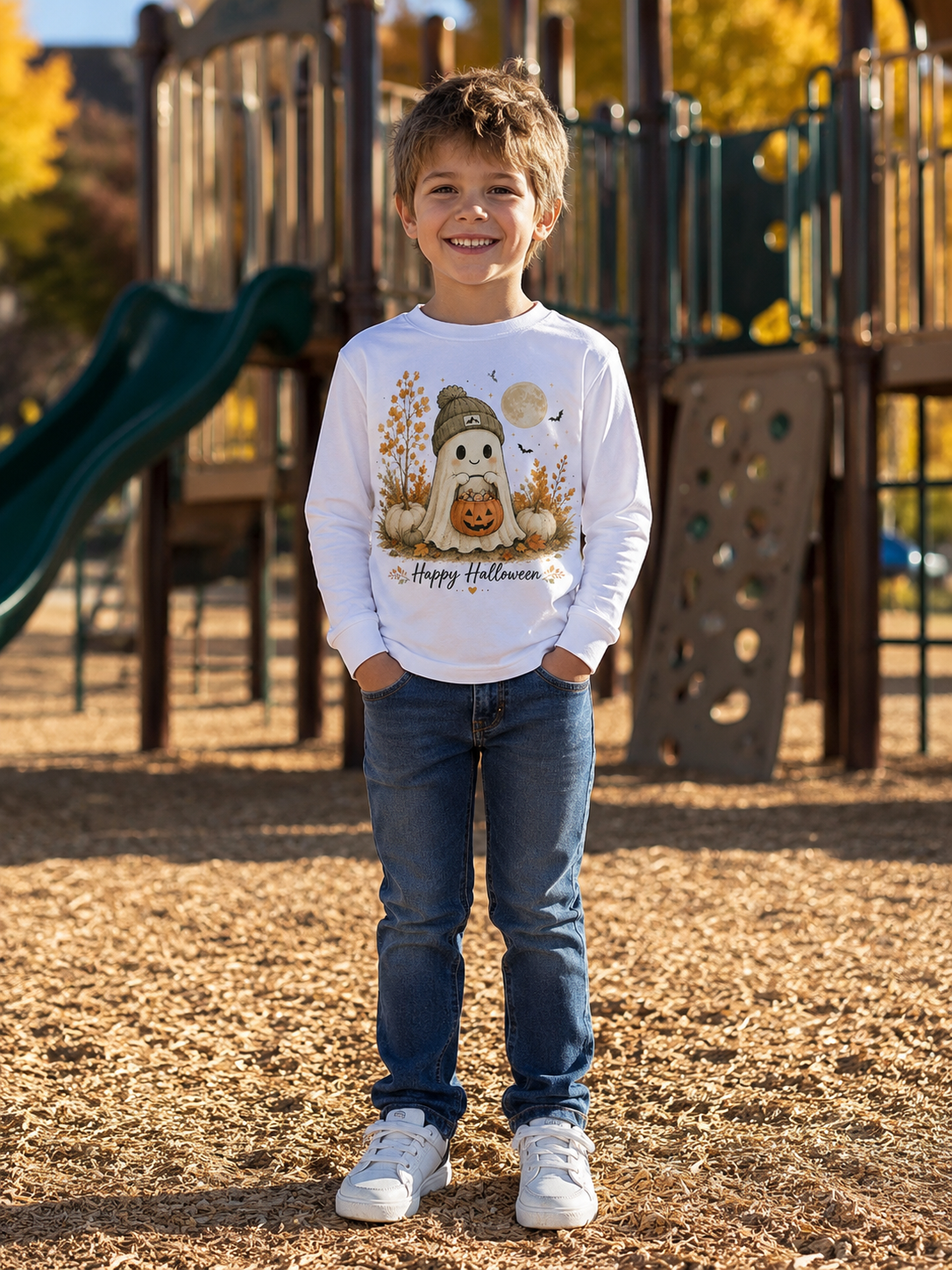 Boy wearing Happy Halloween Ghost long sleeve tee at a Colorado fall playground