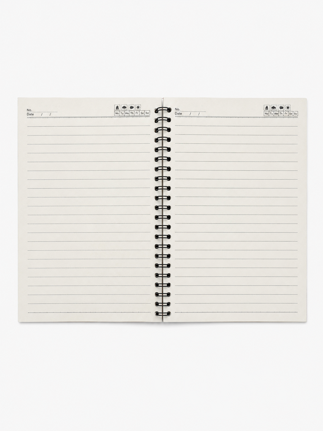 An open spiral-bound lined notebook with cream-colored pages and black wire binding, photographed flat against a light gray background.