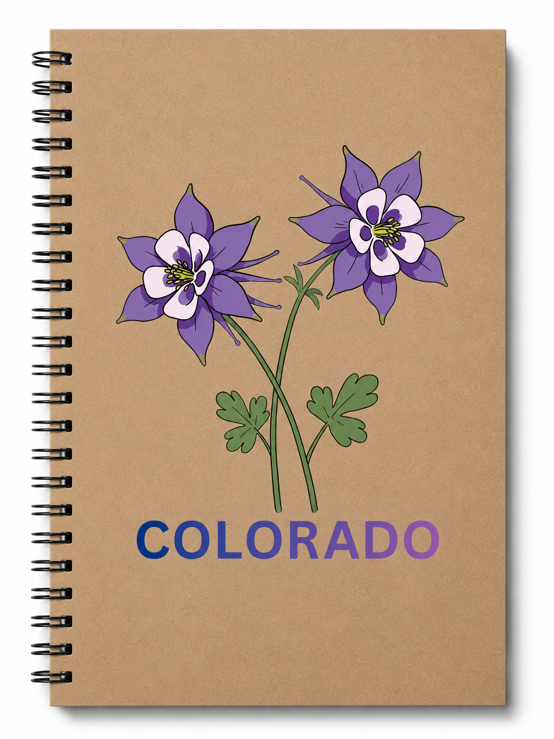 Colorado Columbine spiral journal with purple state flower botanical illustration on kraft cover