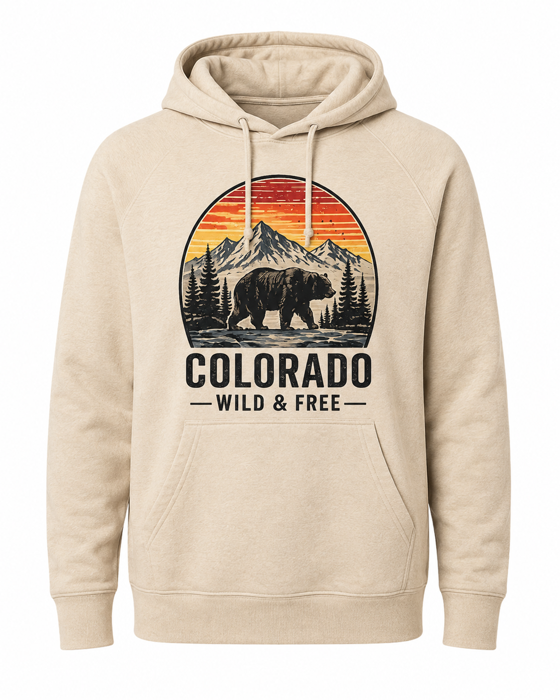 Colorado Wild and Free Hoodie flat lay in natural cream with retro sunset bear and mountain graphic