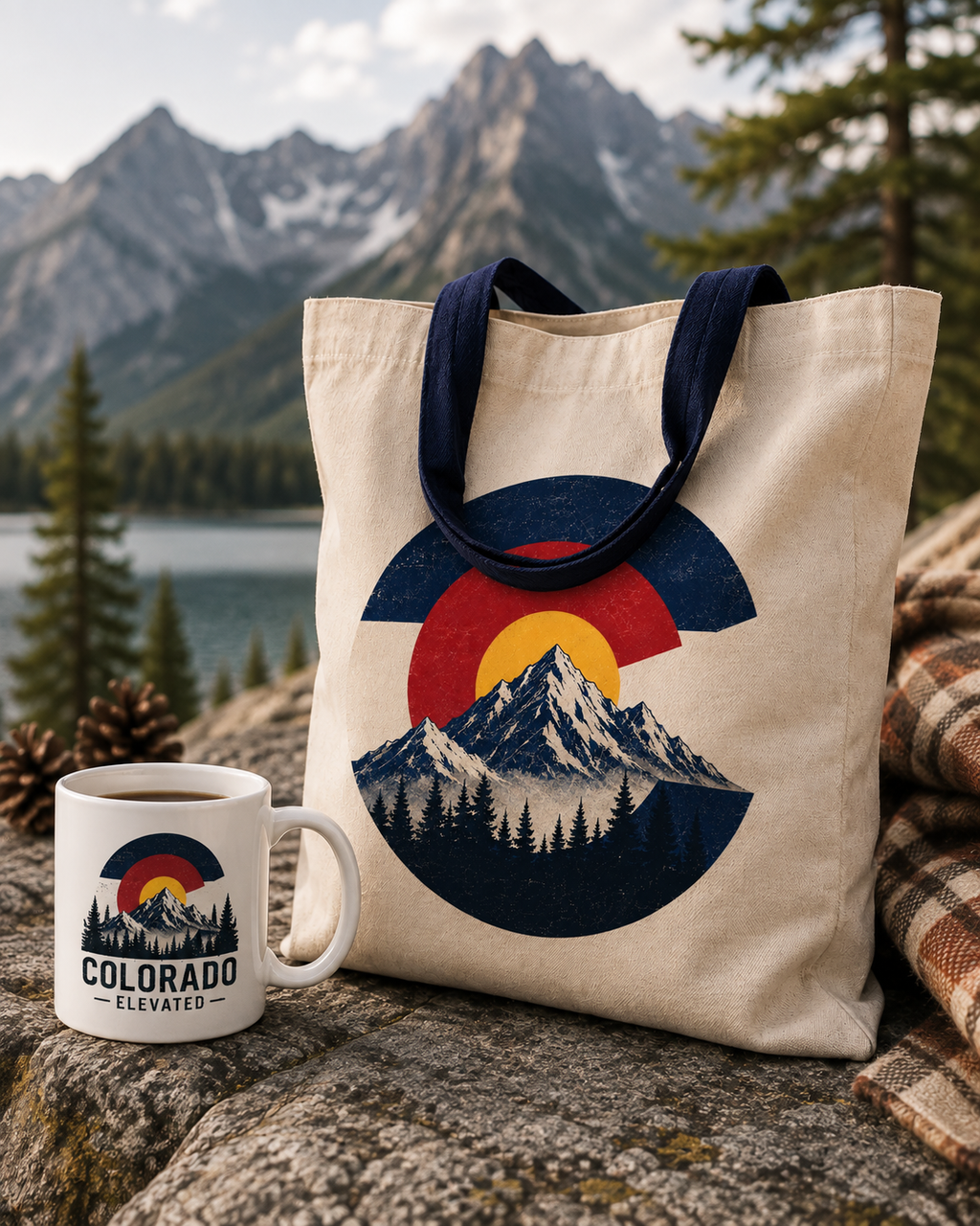 Colorado Flag C Mountain Tote Bag in natural cotton with bold Colorado C mountain scene styled outdoors at a mountain lake with Colorado Elevated mug