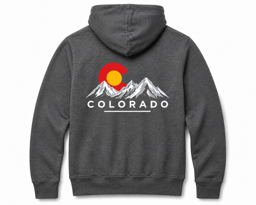 Colorado Classic Mountain Hoodie flat lay in heather deep gray showing bold Colorado C flag and mountain range back graphic