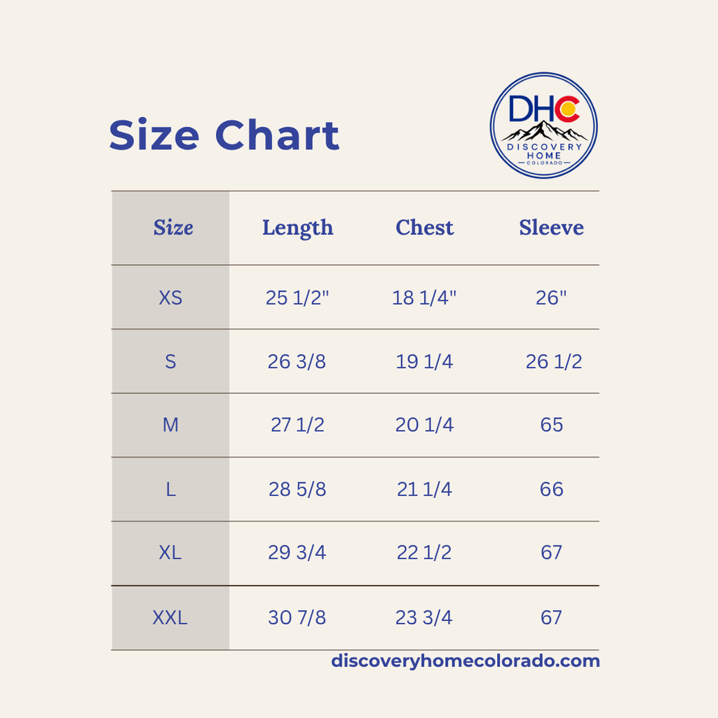 A size chart table for Discovery Home Colorado, showing sizes XS through XXL with measurements for length, chest, and sleeve on a light beige background.