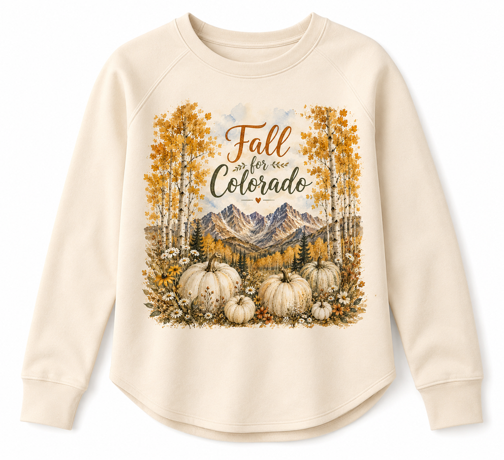 Fall for Colorado Sweatshirt - flat lay product shot.  Design has mountains, pumpkins, and aspen trees.
