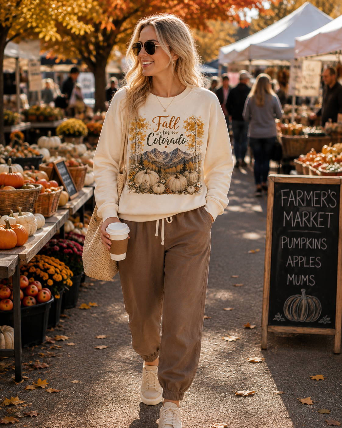 Fall for Colorado Sweatshirt - lifestyle shot at farmers market. Design has mountains, pumpkins, and aspen trees.