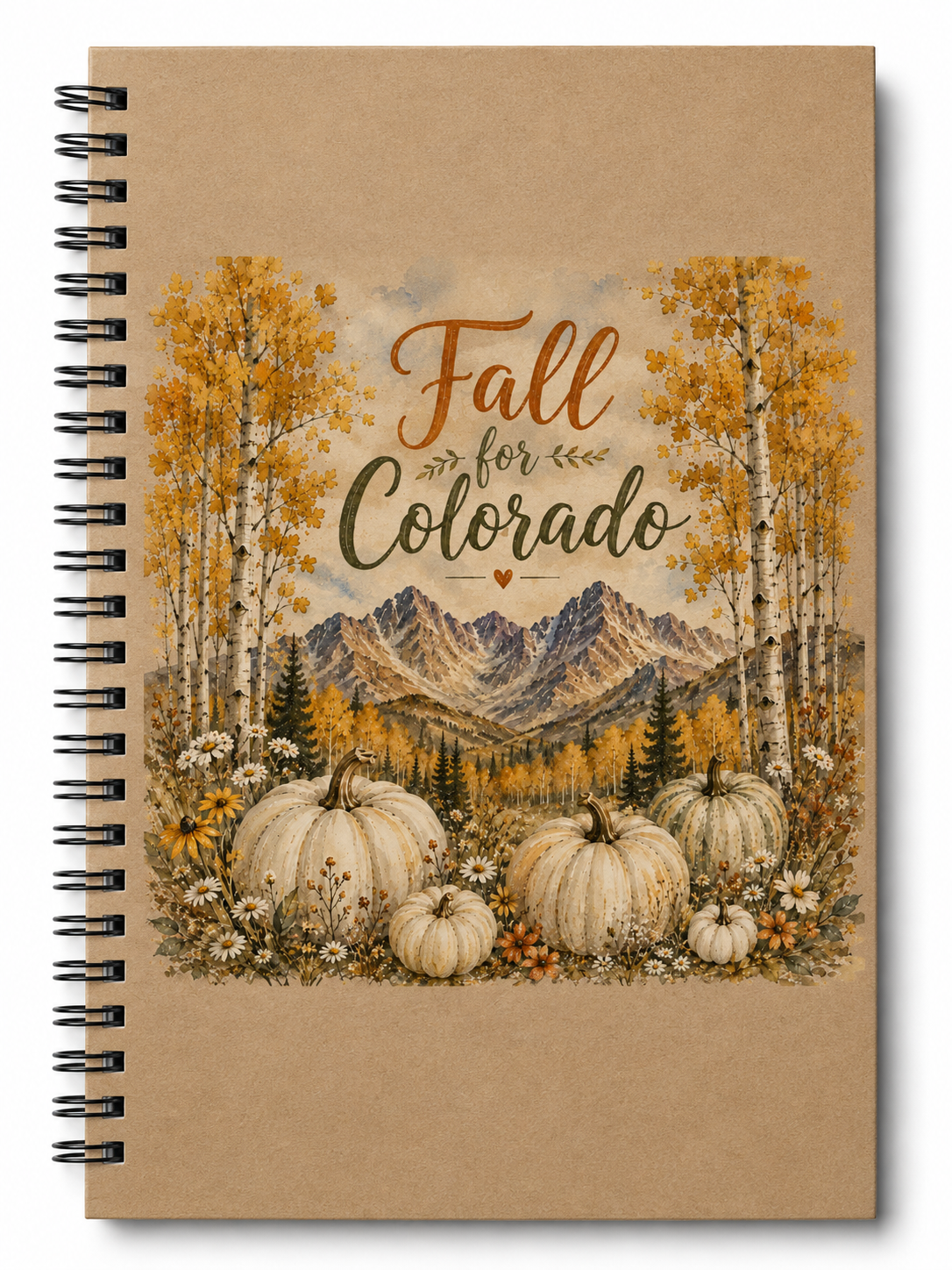 A spiral-bound notebook with a kraft brown cover featuring an autumn landscape illustration of mountains, aspen trees, pumpkins, and the words 'Fall for Colorado' in warm brown and green lettering.