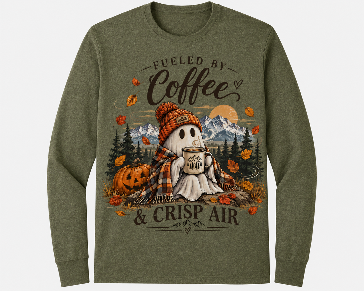 Fueled by Coffee & Crisp Air long sleeve tee flat lay on white background