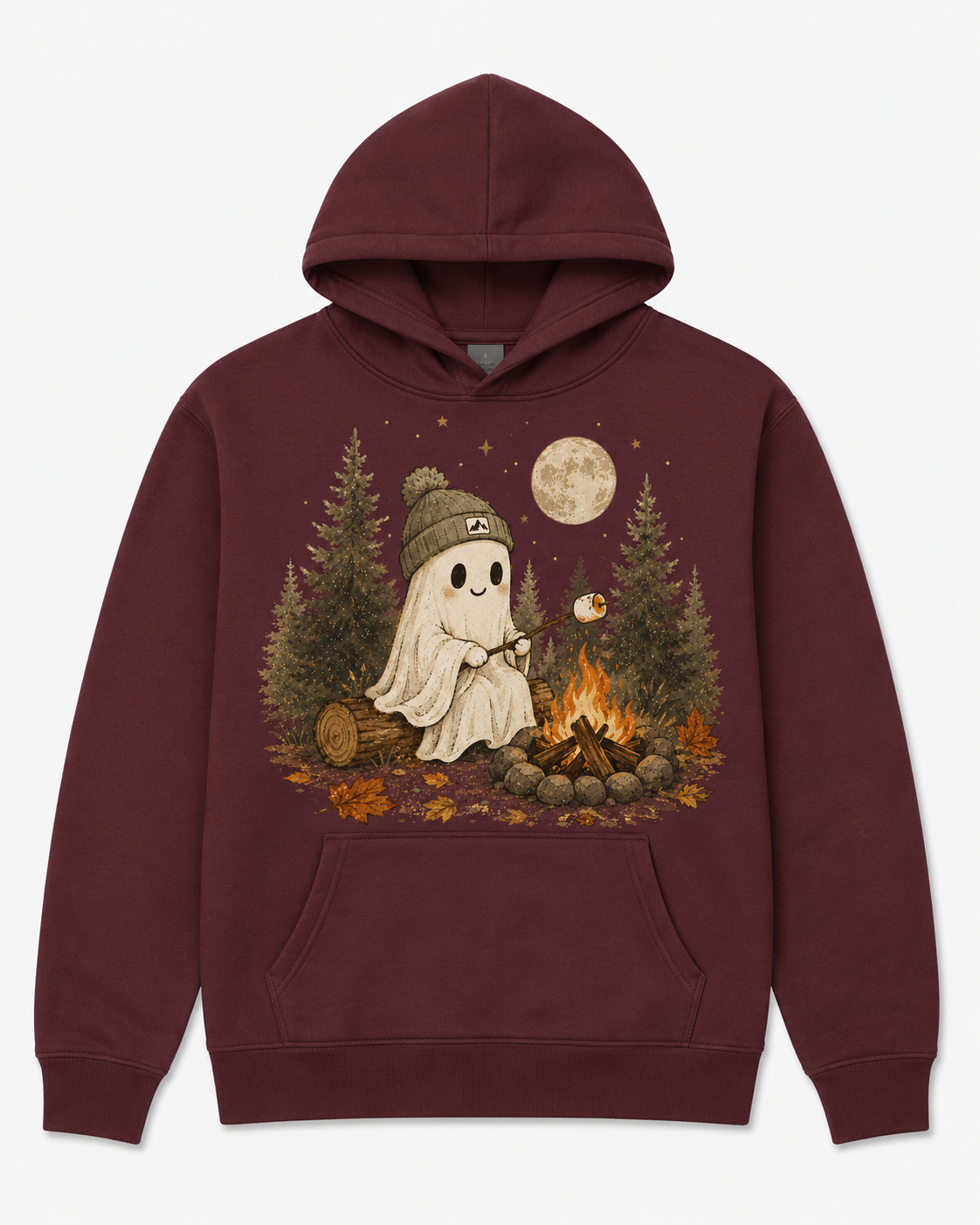 S'mores Ghost youth maroon hoodie flat lay on white background
