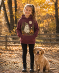 Girl wearing S'mores Ghost maroon hoodie in a fall forest with golden retriever puppy