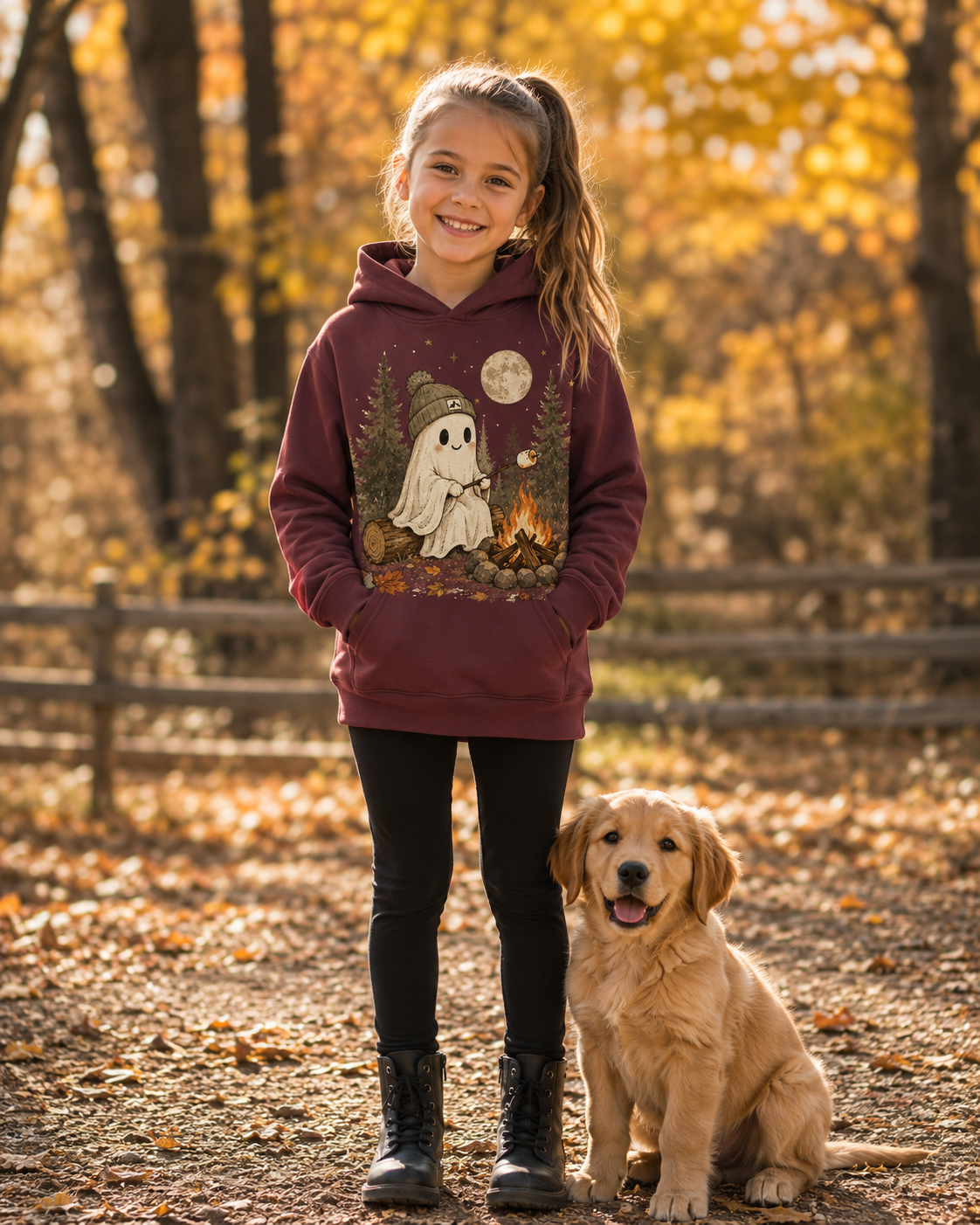Girl wearing S'mores Ghost maroon hoodie in a fall forest with golden retriever puppy