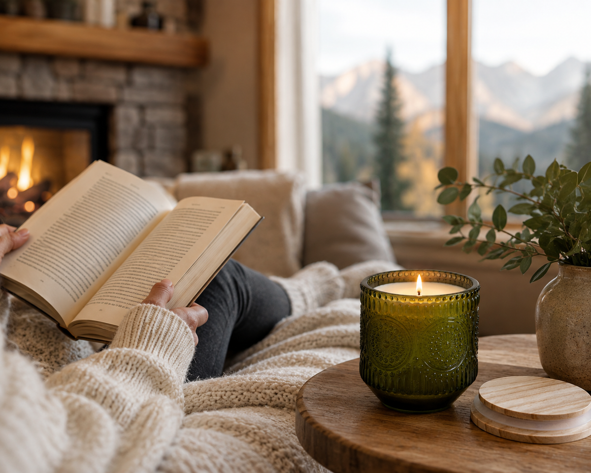 Green glass Colorado Mountain Candle in cozy cabin setting with mountain view