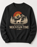 Raised on Mountain Time sweatshirt in heather black with vintage Colorado mountain and Labrador graphic