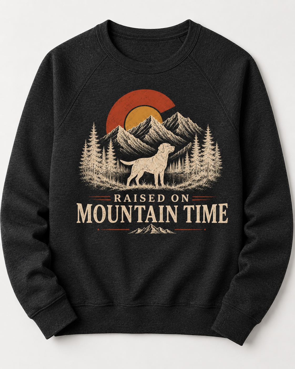 Raised on Mountain Time sweatshirt in heather black with vintage Colorado mountain and Labrador graphic