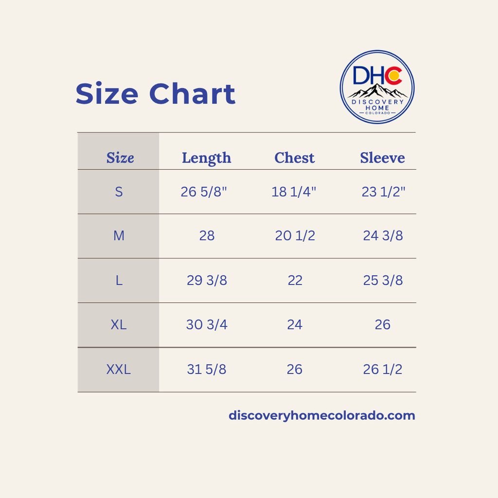 A size chart graphic for Discovery Home Colorado, showing a table with sizes S through XXL, length, chest, and sleeve measurements on a light beige background with blue text.