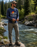 Man fly fishing in Colorado wearing the Colorado Elevated Navy Long-Sleeve Tee