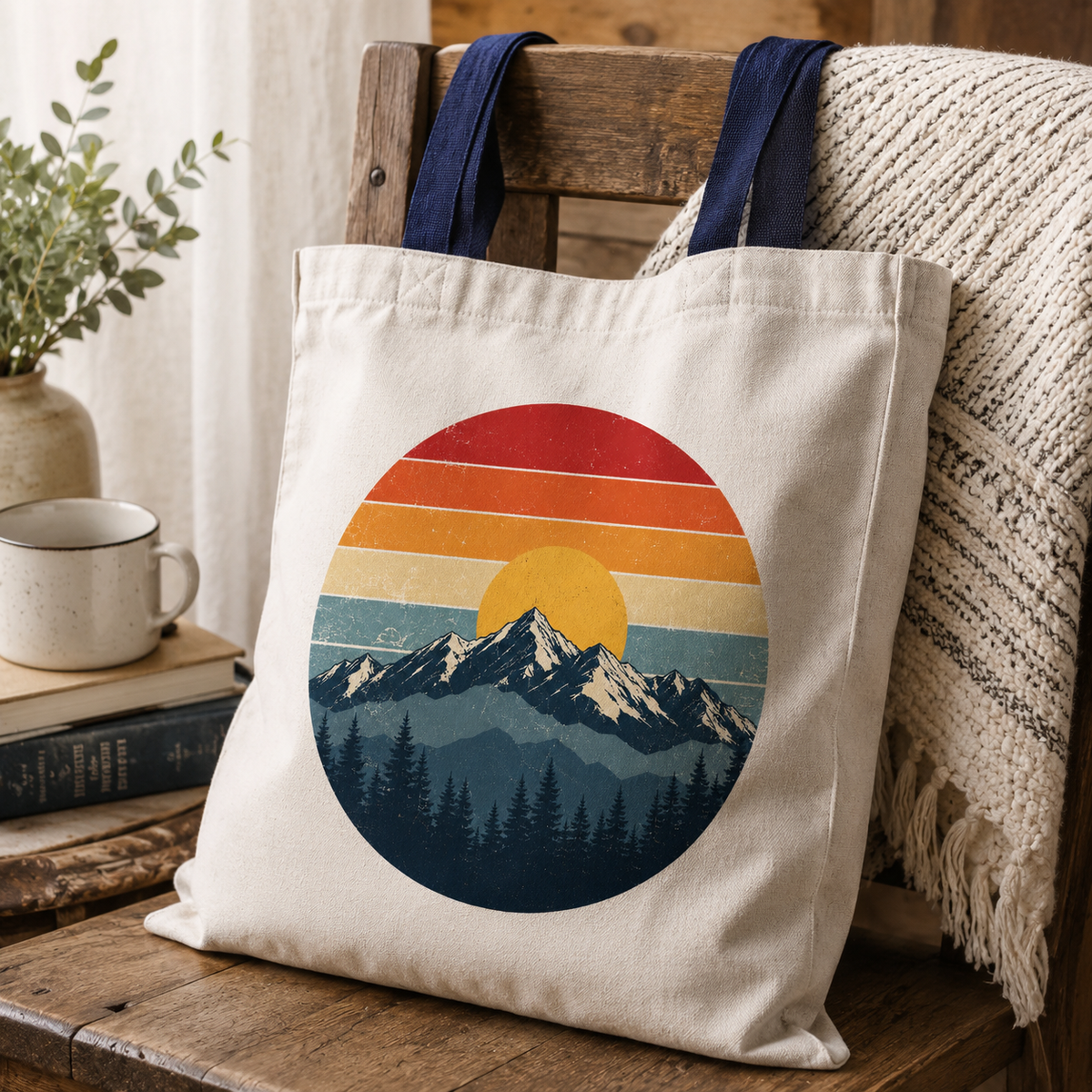 Colorado Mountain Sunset Tote Bag in natural cotton with retro rainbow mountain graphic and navy handles styled on rustic chair