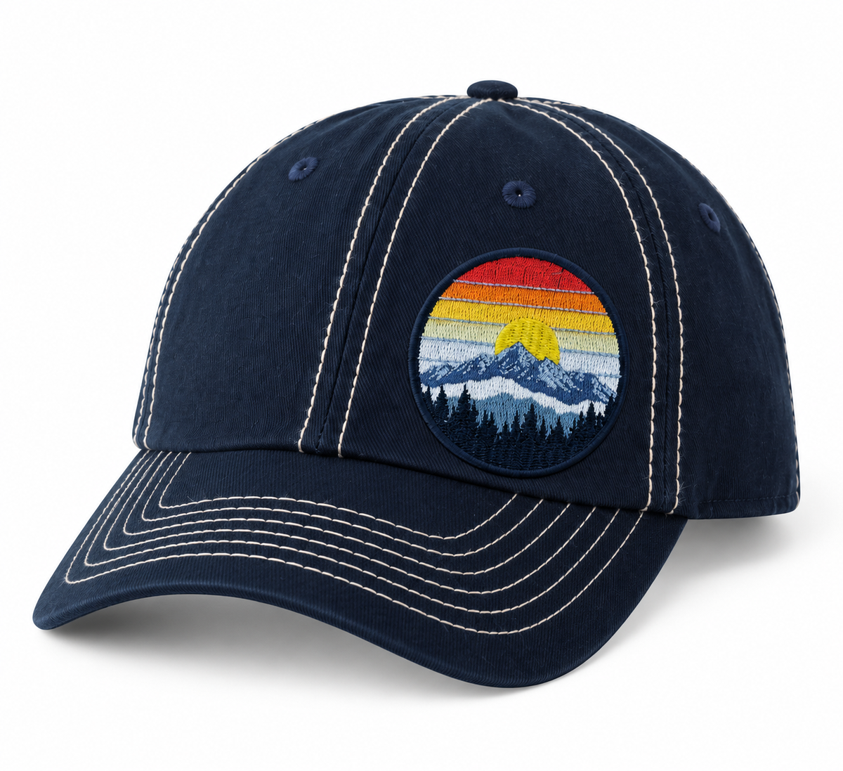Navy Retro Mountain Sunset classic dad's cap with a colorful offset mountain sunset patch and contrast stitching
