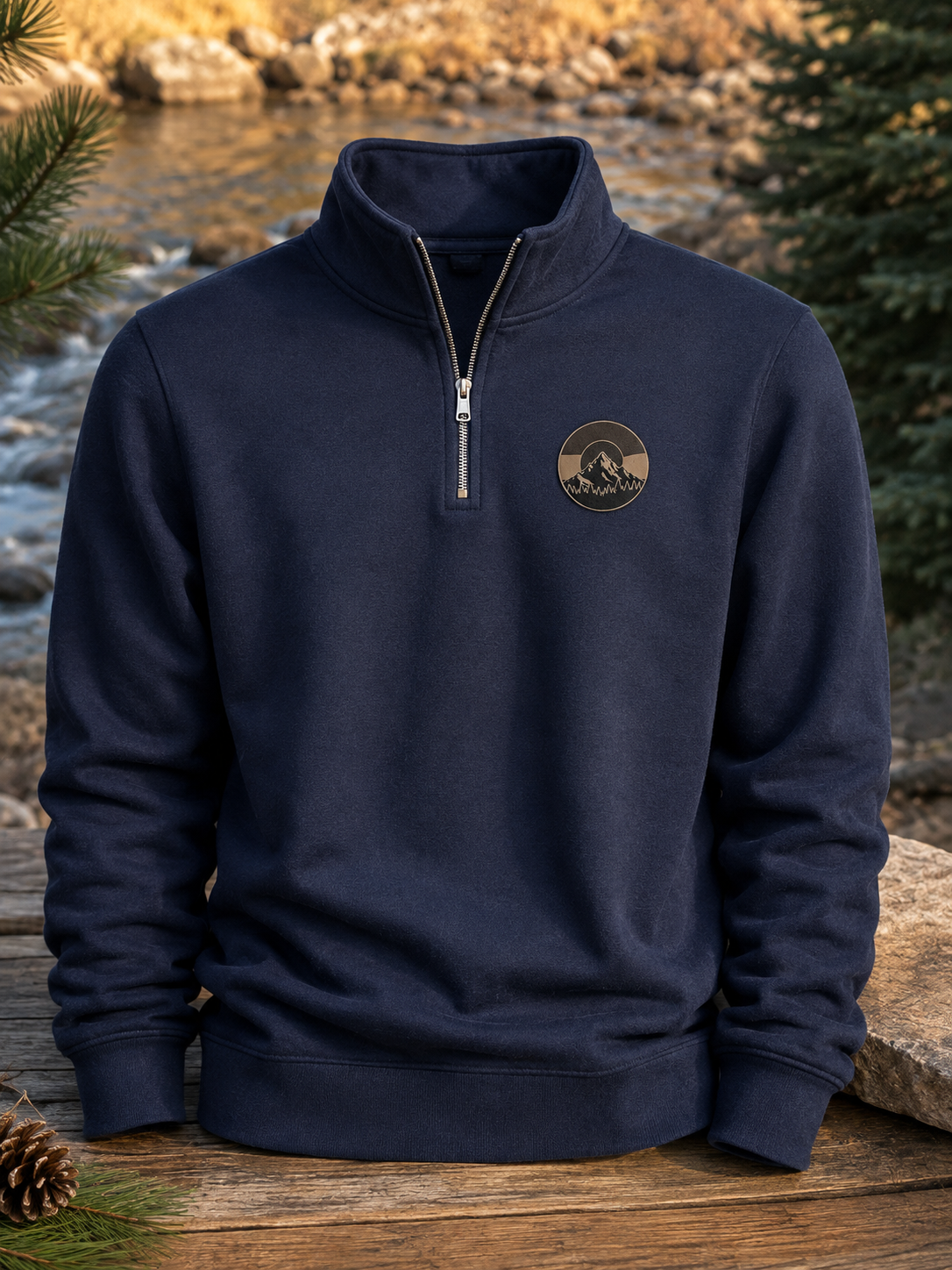 Colorado Mountain Quarter-Zip Pullover flat lay in navy with leather mountain patch detail