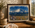 Framed watercolor-style canvas print of Pikes Peak with Colorado wildflowers in a dark brown pine frame