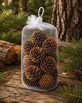 A white mesh hanging bag filled with brown pinecones, photographed outdoors on a wooden surface with evergreen branches and tree bark in the background.