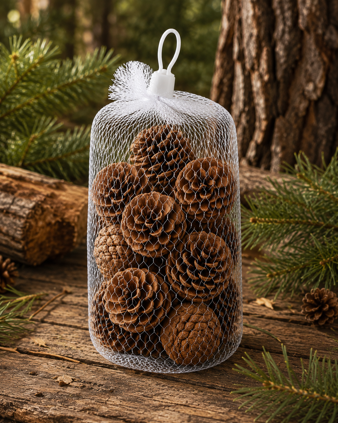 A white mesh hanging bag filled with brown pinecones, photographed outdoors on a wooden surface with evergreen branches and tree bark in the background.