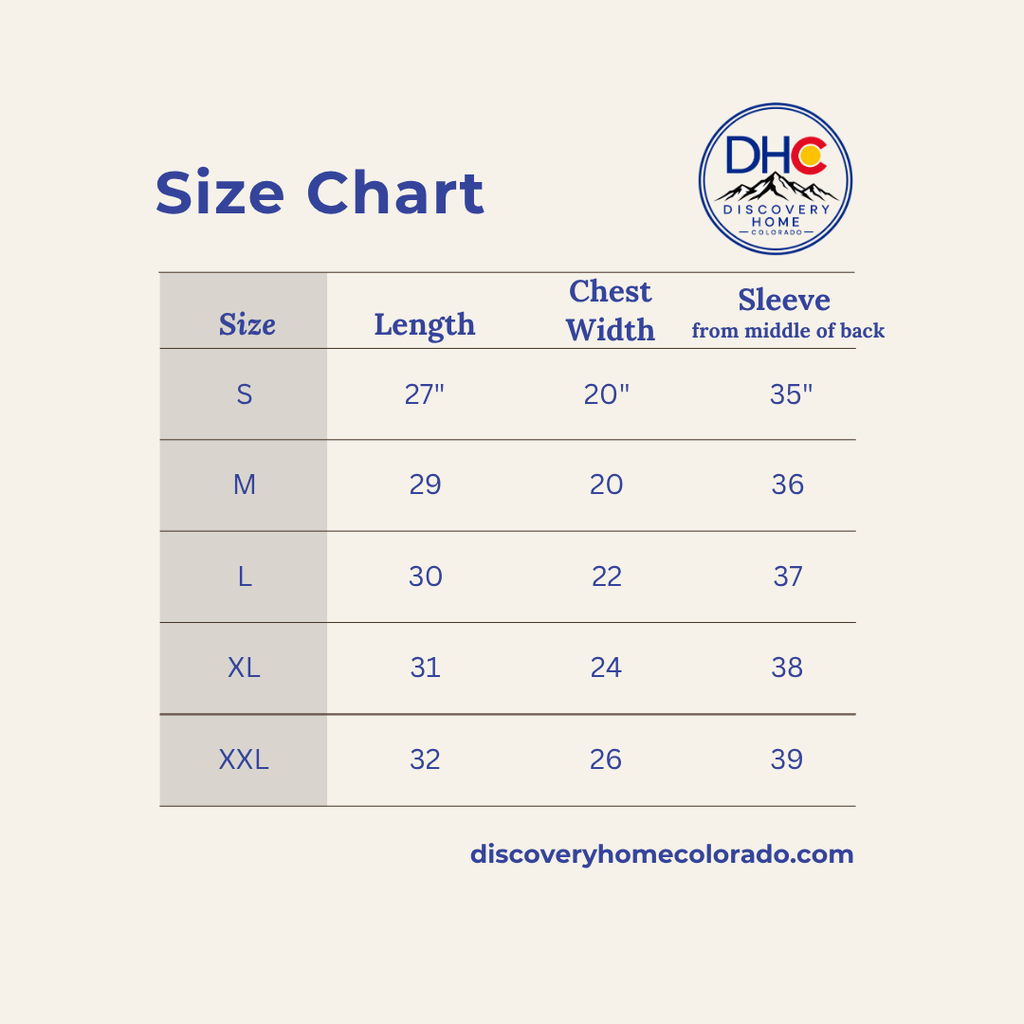 A size chart table for Discovery Home Colorado, showing measurements for sizes S through XXL in blue text on a light beige background. The table lists length, chest width, and sleeve from the middle of back.