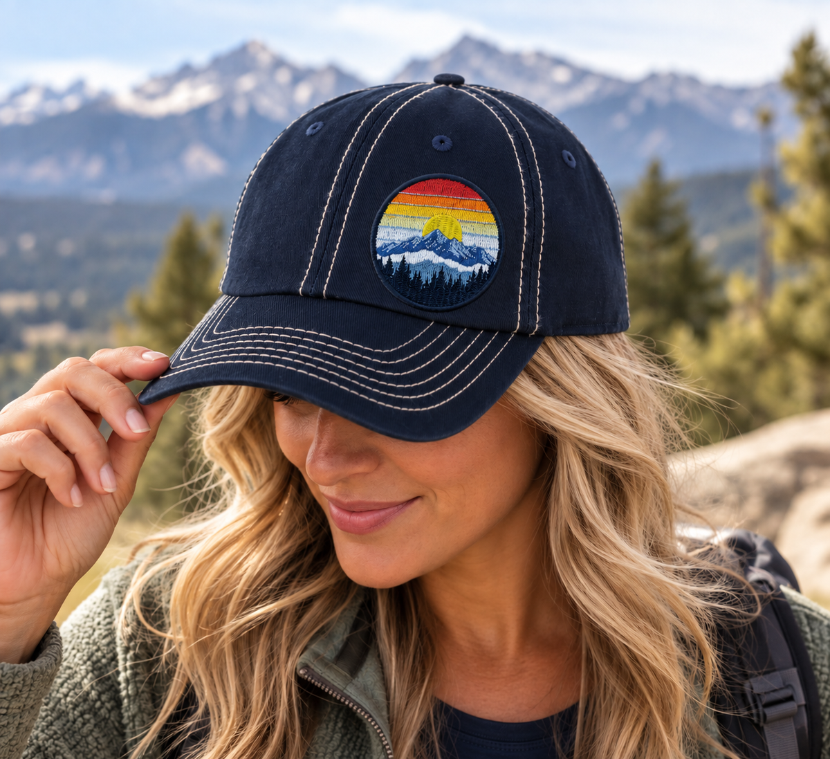 Woman wearing a navy Retro Mountain Sunset dad's cap with an offset mountain patch against a Colorado mountain backdrop