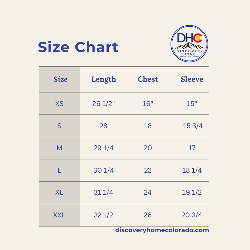 A size chart graphic for Discovery Home Colorado, showing measurements for sizes XS through XXL in a table with columns for Length, Chest, and Sleeve on a light beige background.