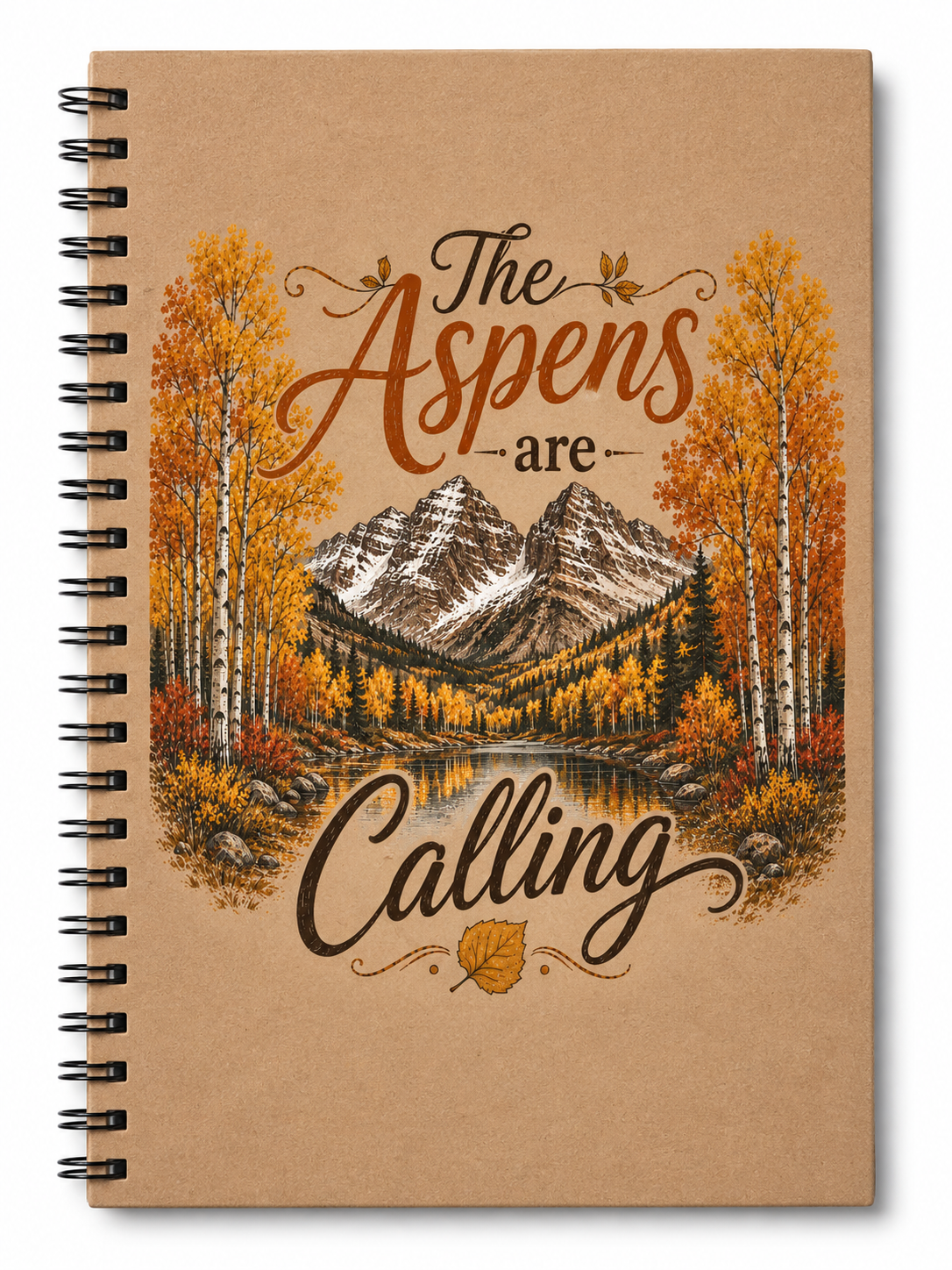 A spiral-bound notebook with a kraft paper cover featuring an autumn mountain landscape illustration and the text 'The Aspens are Calling'.