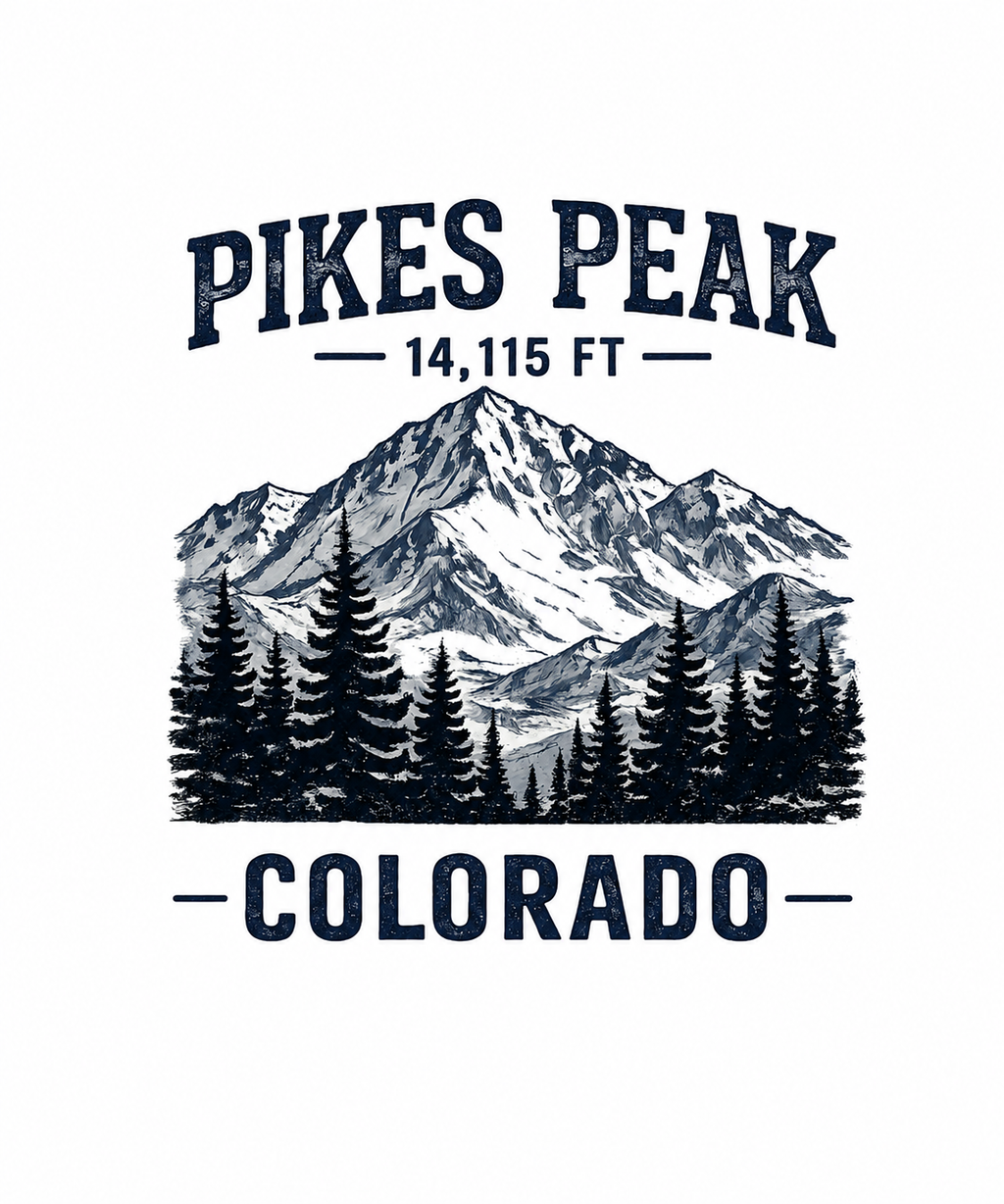 A graphic print featuring a mountain and pine tree illustration with the text 'PIKES PEAK', '14,115 FT', and 'COLORADO' in dark navy lettering on a white background.
