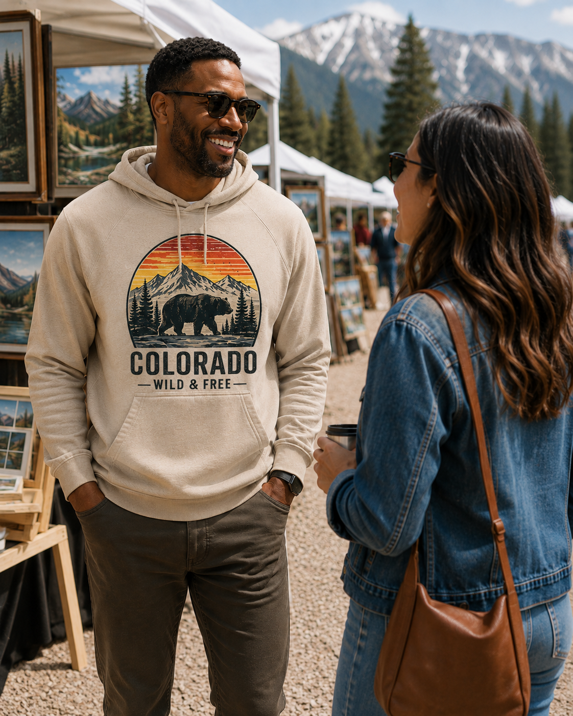 Man wearing Colorado Wild and Free Hoodie in natural cream at a Colorado mountain art fair
