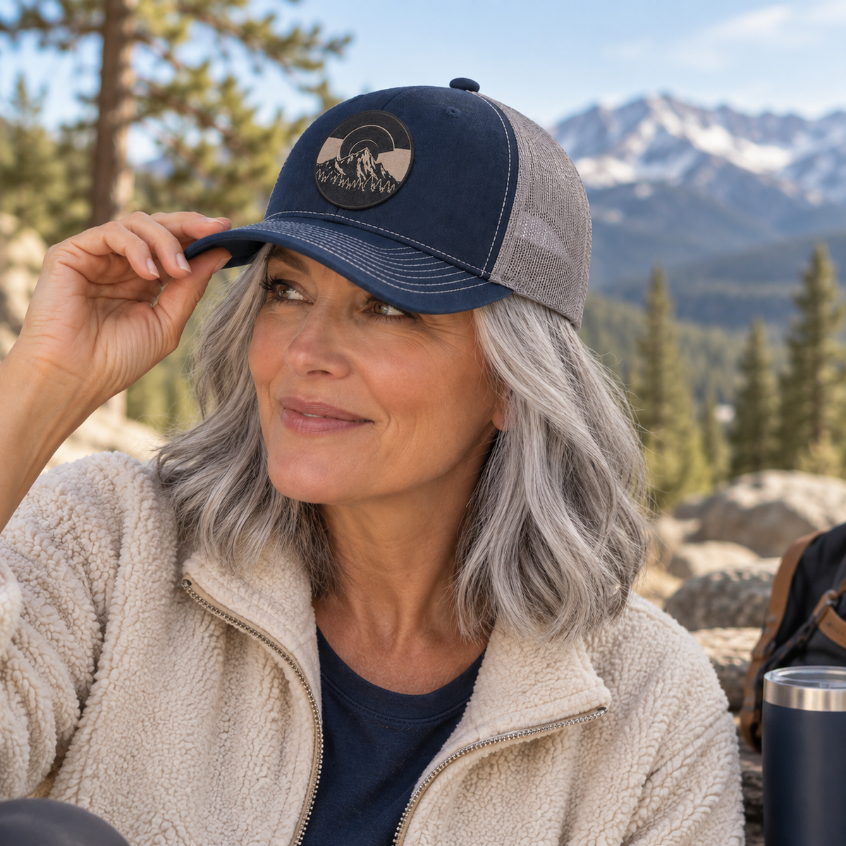 A woman outdoors in a mountain setting wearing a navy and gray trucker hat with a circular mountain logo patch on the front. The hat has navy front panels, gray mesh side panels, and a matching navy and gray brim.