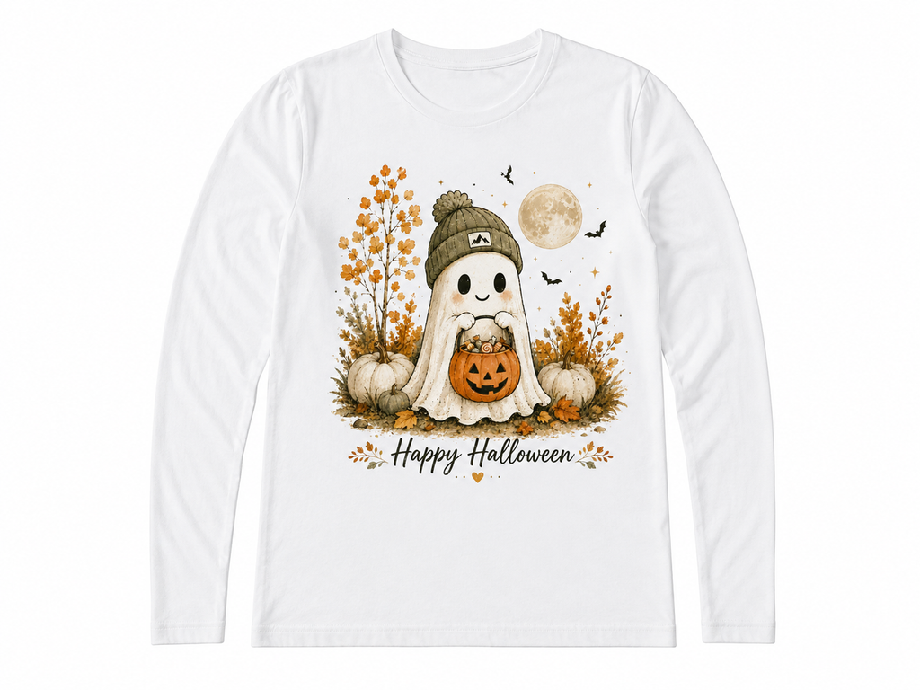 Happy Halloween Ghost women's long sleeve tee flat lay on white background
