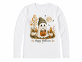 Happy Halloween Ghost women's long sleeve tee flat lay on white background