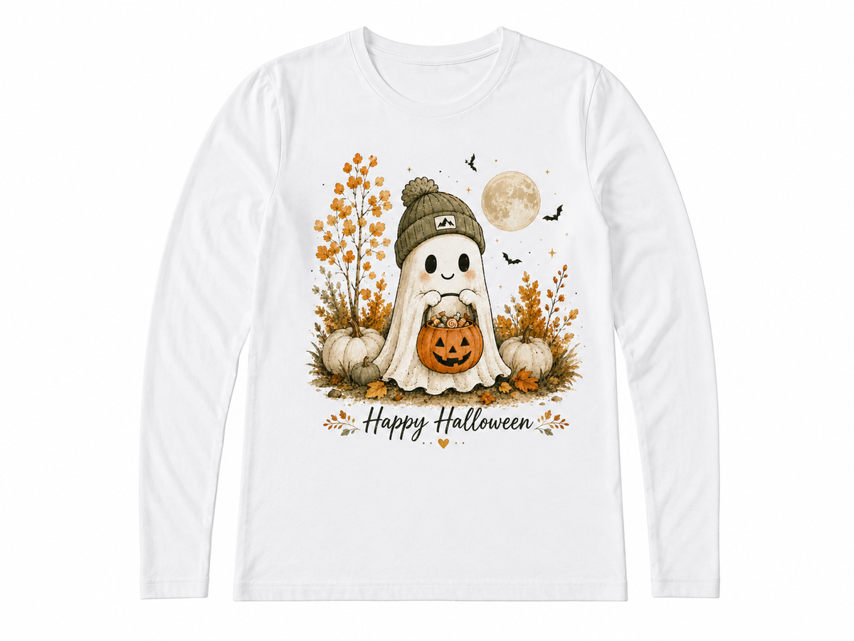 Happy Halloween Ghost women's long sleeve tee flat lay on white background