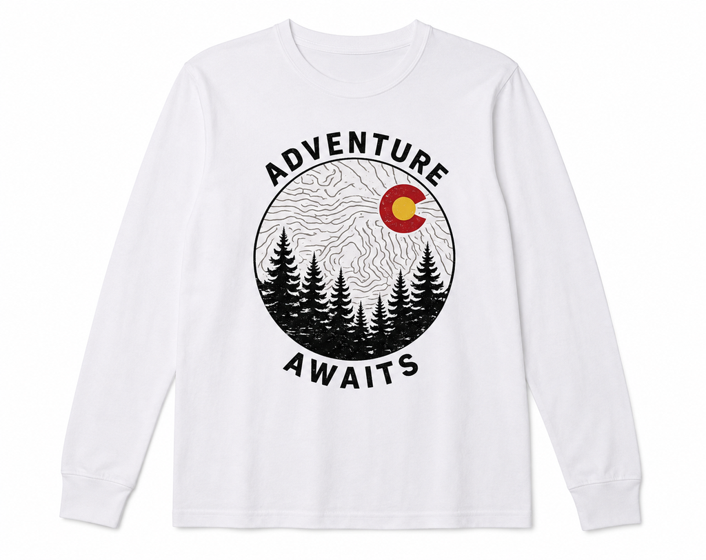 Youth Adventure Awaits Colorado Long Sleeve Tee flat lay in white showing bold front Adventure Awaits Colorado C graphic