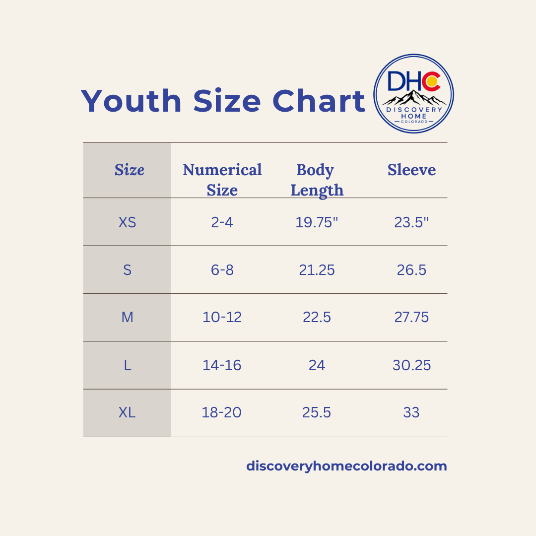 A youth size chart graphic with a table showing size options from XS to XL, including numerical size, body length, and sleeve measurements. The header reads 'Youth Size Chart' and includes the Discovery Home Colorado logo and website on a light beige background.