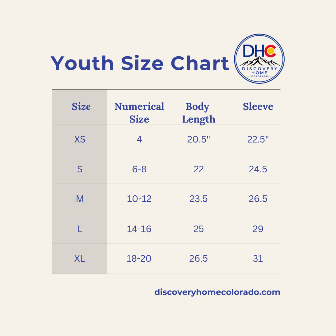 A youth size chart graphic with a table showing sizes XS through XL, numerical size ranges, body lengths, and sleeve measurements. The header reads 'Youth Size Chart' and includes the Discovery Home Colorado logo and website on a light beige background.