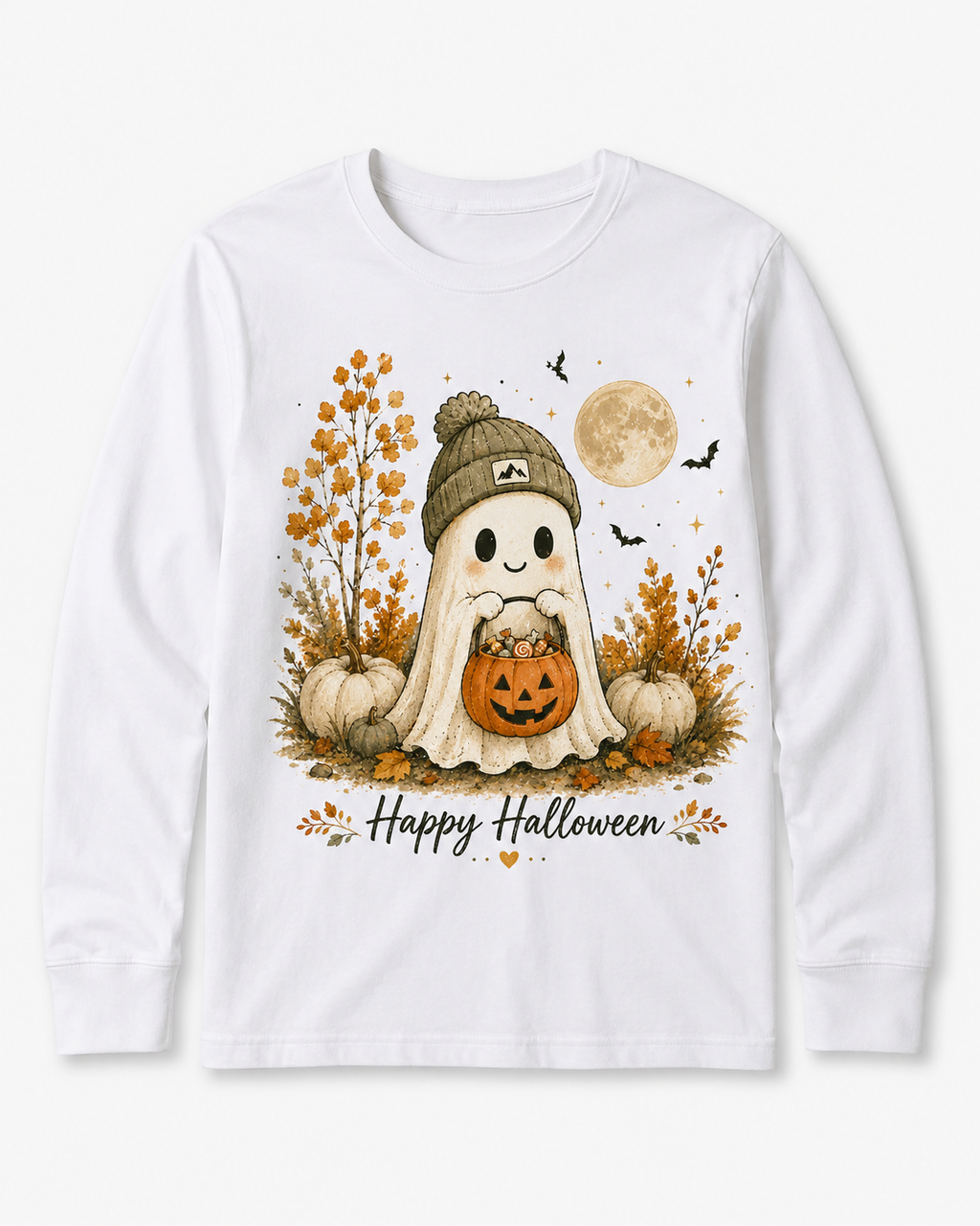 Happy Halloween Ghost youth long sleeve tee flat lay on white background