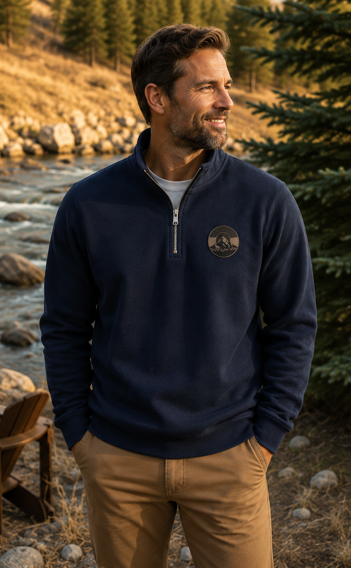 Man wearing Colorado Mountain Quarter-Zip Pullover in navy by a Colorado mountain river at golden hour